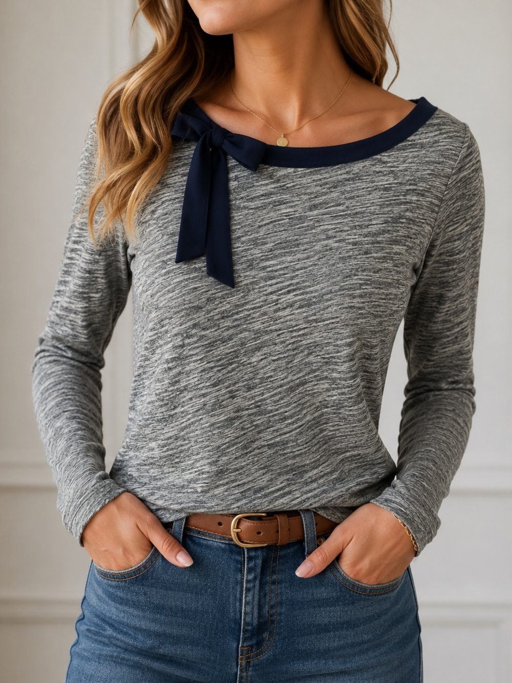 Ann Taylor LOFT Heather Gray Lg Sleeve Top w/ bow